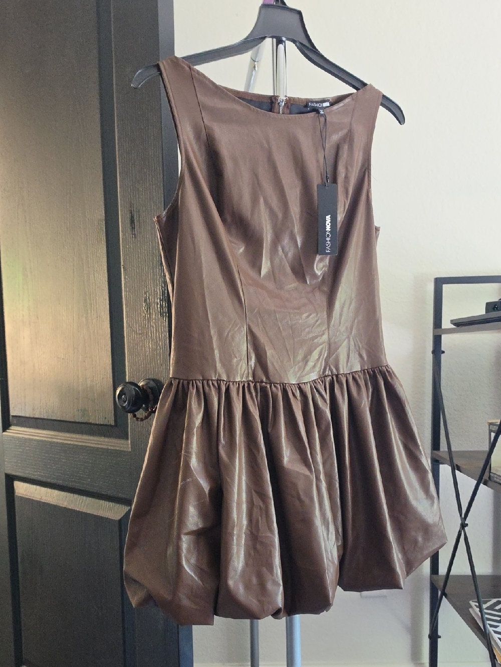 Fashion Nova Brown Faux-Leather Babydoll Mini Dress